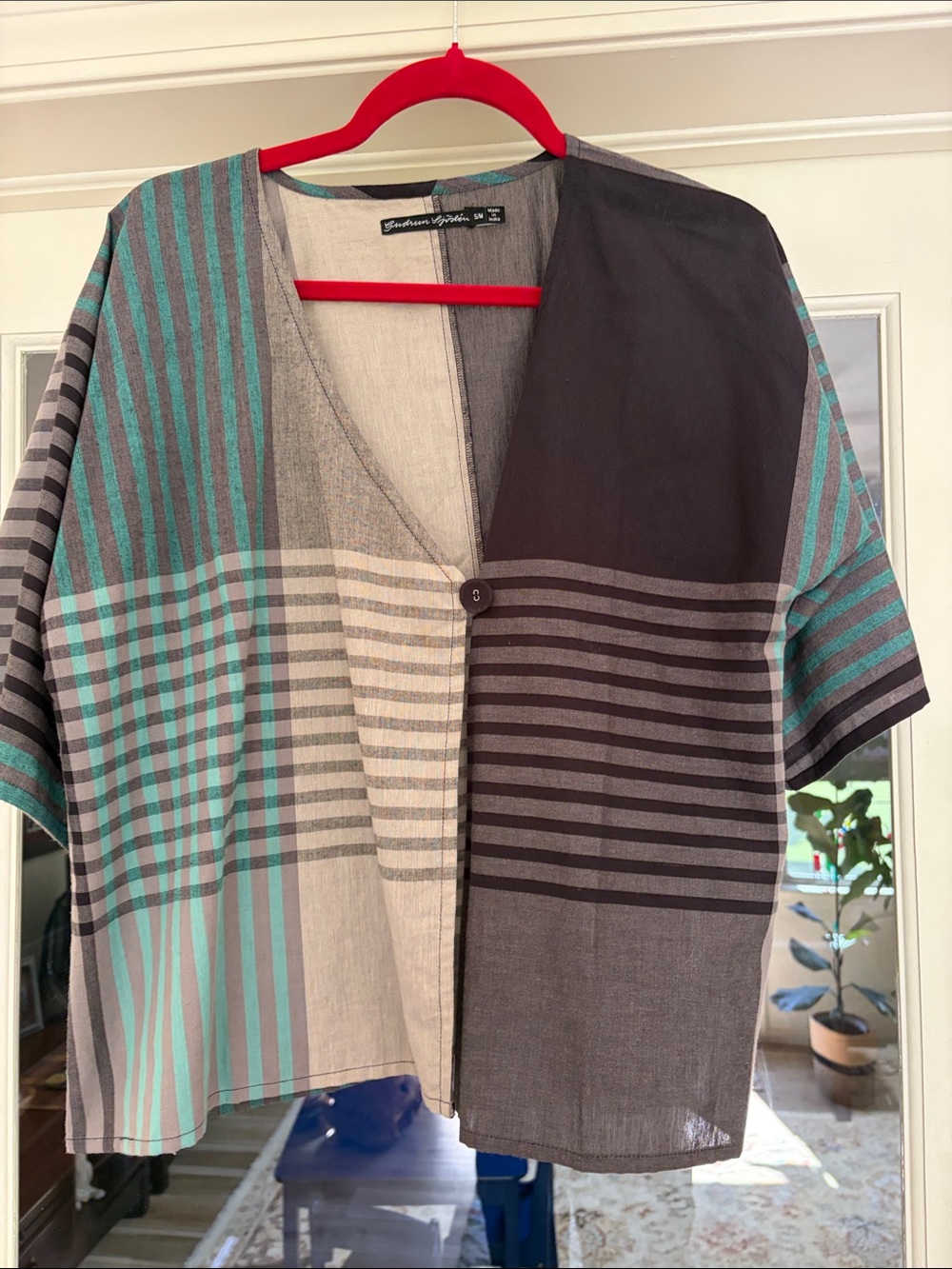 Stripe-Panel V-Neck Button Front Top - Teal & Gray